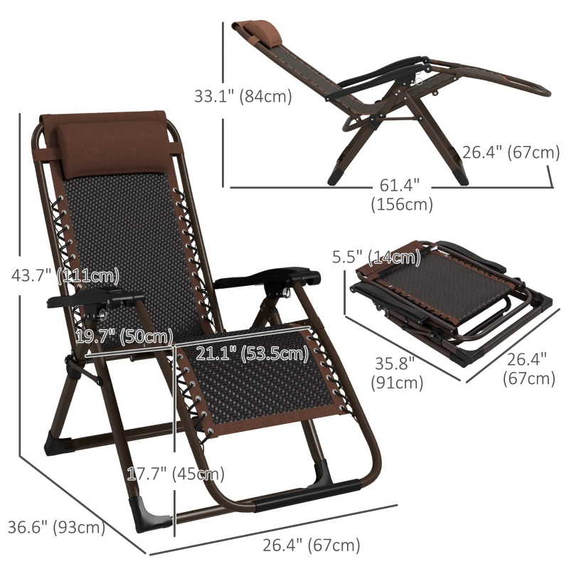Outsunny Outdoor Zero Gravity Chair, Folding PE Rarran Reclining Patio Lounge Chair with Recline Back, Headrest, Footrest, for Poolside, Garden, Brown