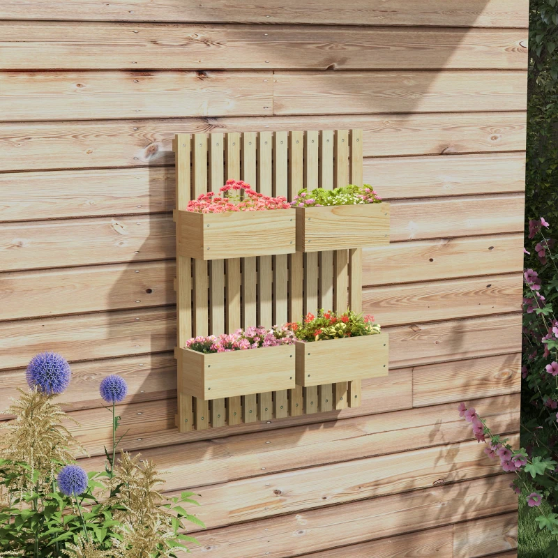 Outsunny 4 Box Raised Garden Bed w/ Trellis for Climbing Plants, Wall-Mounted Wood Planters w/ Drainage Holes, Natural
