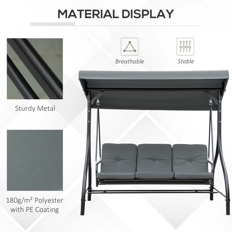Outsunny Convertible Patio Swing Bed with Canopy and Cushions, 3 Seater Porch Swing for Outdoor, Backyard, Garden, Dark Grey