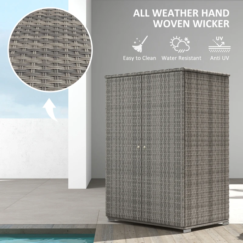 Outsunny Outdoor Storage Cabinet with Shelves, Rattan Pool Towel Storage Cabinet with Removable Shelf & Drawer, Dark Gray