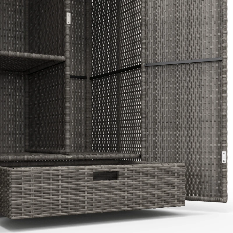 Outsunny Outdoor Storage Cabinet with Shelves, Rattan Pool Towel Storage Cabinet with Removable Shelf & Drawer, Dark Gray