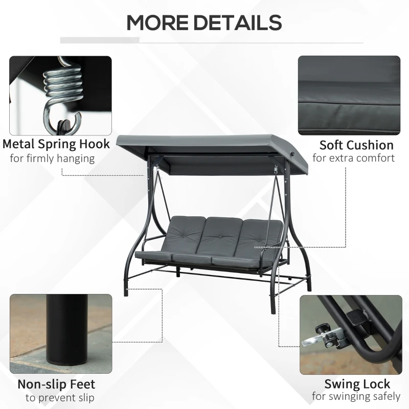 Outsunny Convertible Patio Swing Bed with Canopy and Cushions, 3 Seater Porch Swing for Outdoor, Backyard, Garden, Dark Grey