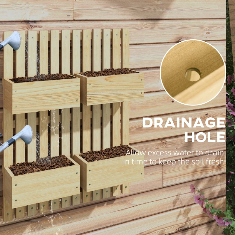 Outsunny 4 Box Raised Garden Bed w/ Trellis for Climbing Plants, Wall-Mounted Wood Planters w/ Drainage Holes, Natural