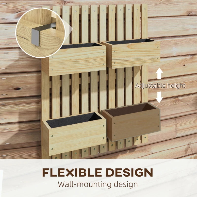 Outsunny 4 Box Raised Garden Bed w/ Trellis for Climbing Plants, Wall-Mounted Wood Planters w/ Drainage Holes, Natural