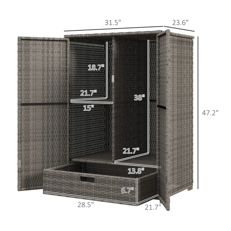 Outsunny Outdoor Storage Cabinet with Shelves, Rattan Pool Towel Storage Cabinet with Removable Shelf & Drawer, Dark Gray