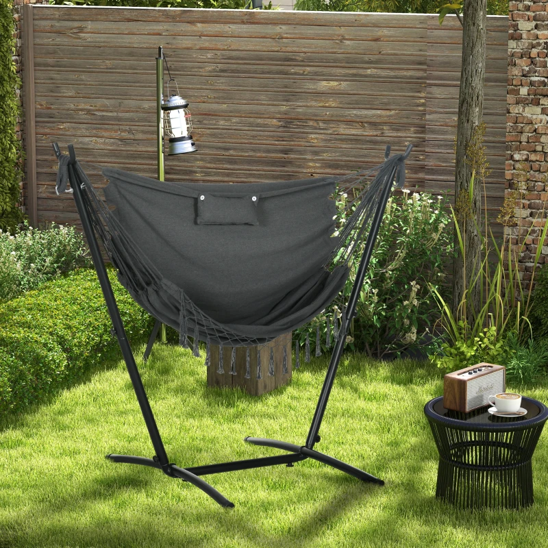 Outsunny U Shape Stand Hammock Chair, Headrest Include Hammock Swing, Dark Gray