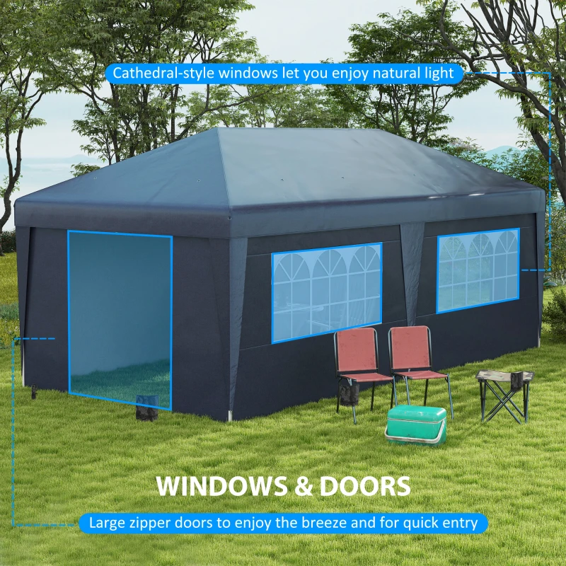 Outsunny 10' x 19.5' Pop Up Canopy Tent Height Adjustable Event Shelter w/ Sidewalls, Leg Weight Bags, Wheeled Carry Bag, Blue