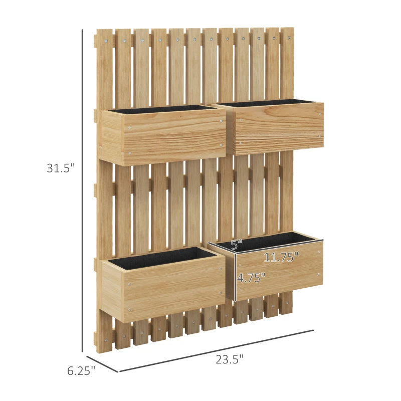 Outsunny 4 Box Raised Garden Bed w/ Trellis for Climbing Plants, Wall-Mounted Wood Planters w/ Drainage Holes, Natural