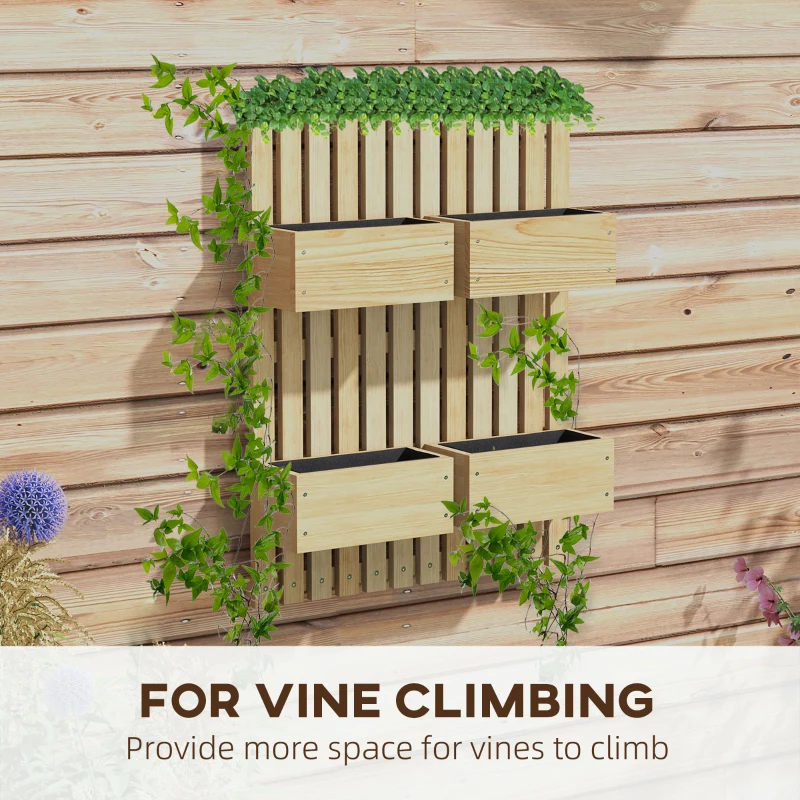 Outsunny 4 Box Raised Garden Bed w/ Trellis for Climbing Plants, Wall-Mounted Wood Planters w/ Drainage Holes, Natural