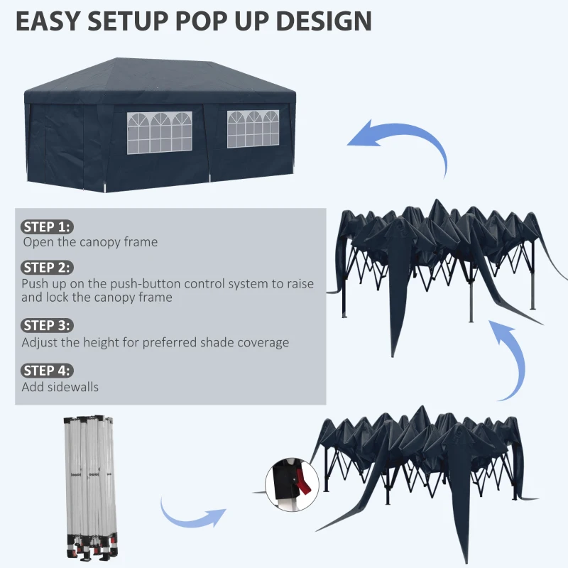Outsunny 10' x 19.5' Pop Up Canopy Tent Height Adjustable Event Shelter w/ Sidewalls, Leg Weight Bags, Wheeled Carry Bag, Blue