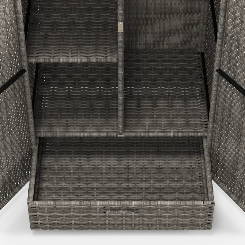 Outsunny Outdoor Storage Cabinet with Shelves, Rattan Pool Towel Storage Cabinet with Removable Shelf & Drawer, Dark Gray