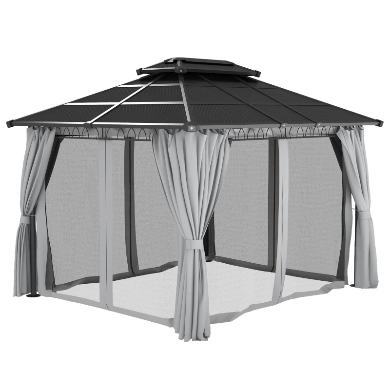 Outsunny 10' x 12' Outdoor Hardtop Gazebo Canopy w/ Double PC Roof, Steel Frame, Nettings, Curtains for Garden Lawn Deck, Grey