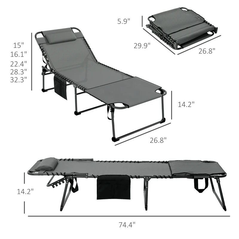 Outsunny Folding Chaise Tanning Lounge Chair w/ 5-level Reclining Back, Reading Hole, Side Pocket, Headrest, Gray
