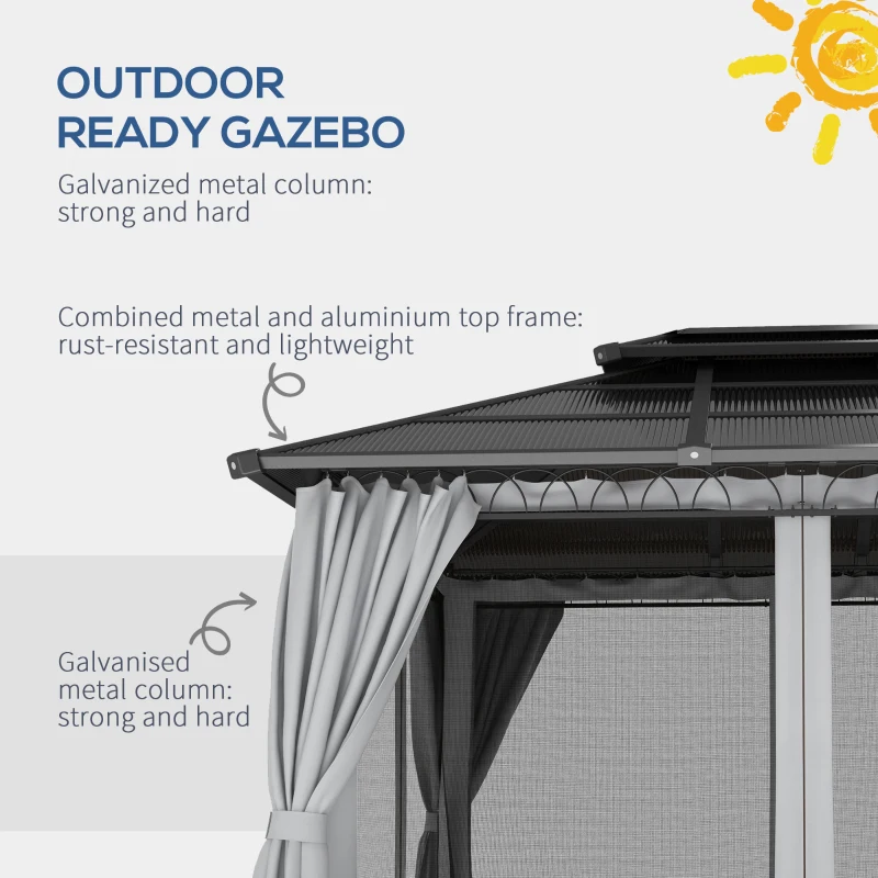 Outsunny 10' x 12' Outdoor Hardtop Gazebo Canopy w/ Double PC Roof, Steel Frame, Nettings, Curtains for Garden Lawn Deck, Grey
