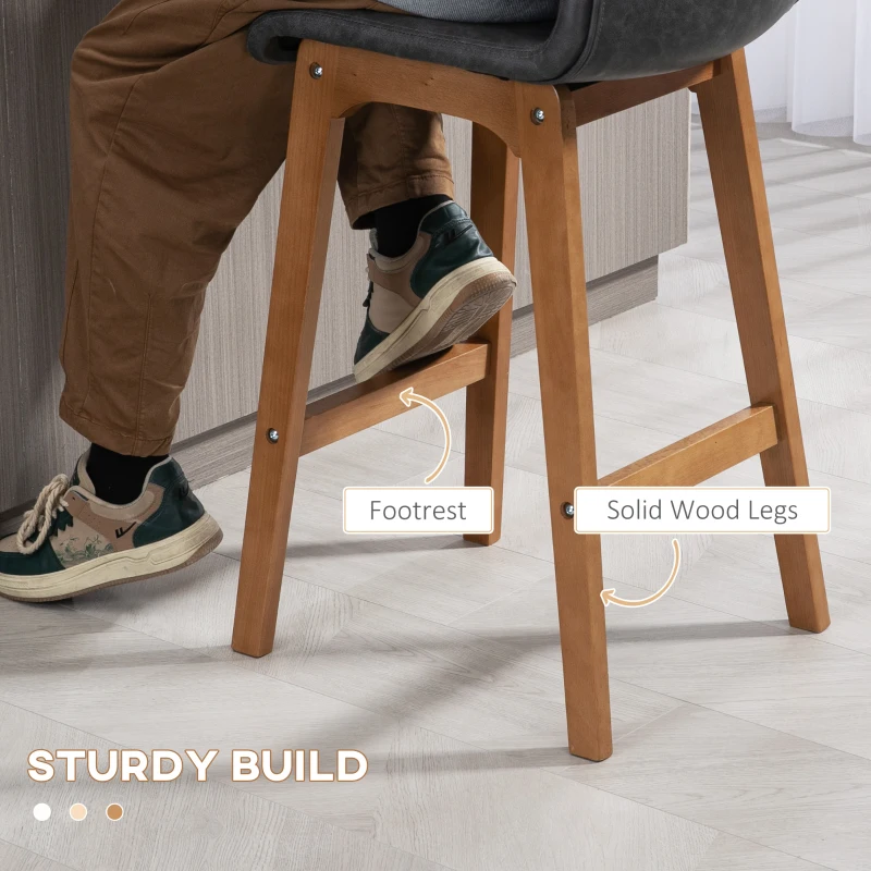 HOMCOM Modern Bar Stools Set of 2, Counter Height Bar Chair with PU Leather Wooden Frame Padding Seats for Dining Room Home Bar, Grey