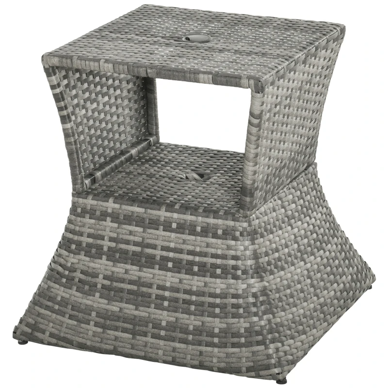 Outsunny Rattan Wicker Side Table, 21.3" Square Outdoor End Table with Umbrella Hole 2-Tier Storage for Patio Garden Mixed Grey