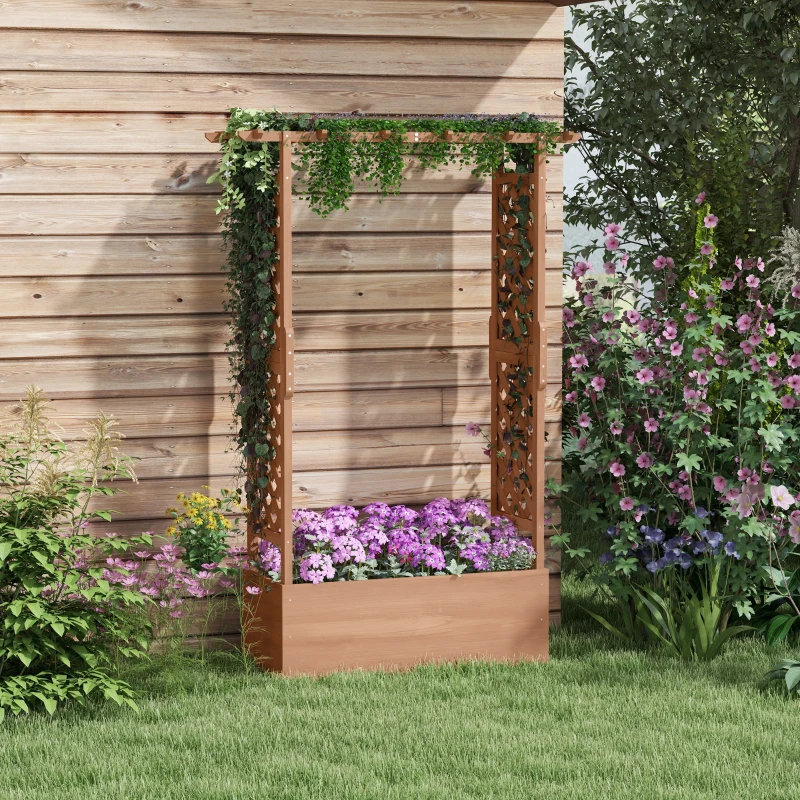 Outsunny Raised Garden Bed with Trellises and Roof for Climbing Plant Vine, Hanging Flowers, 70.75" Tall Outdoor Wood Planter Box with Drainage & Filter