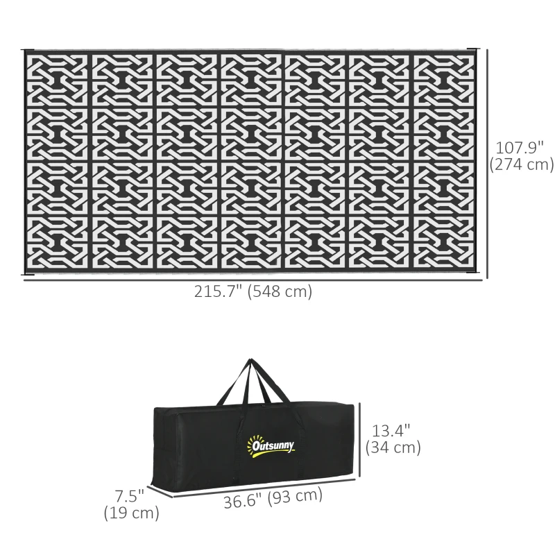 Outsunny Reversible Outdoor Rug Waterproof Plastic Straw RV Rug with Carry Bag, 9' x 18', Black and White Chain