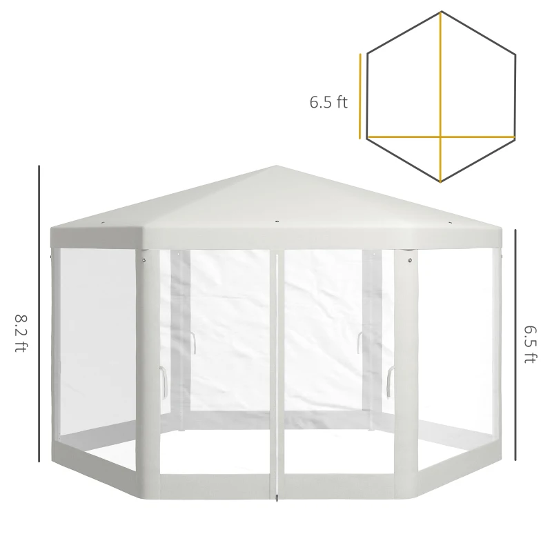 Outsunny 13' x 11' Outdoor Party Tent, Hexagon Sun Shade Shelter Canopy w/ Protective Mesh Sidewalls, Ropes & Stakes, Cream