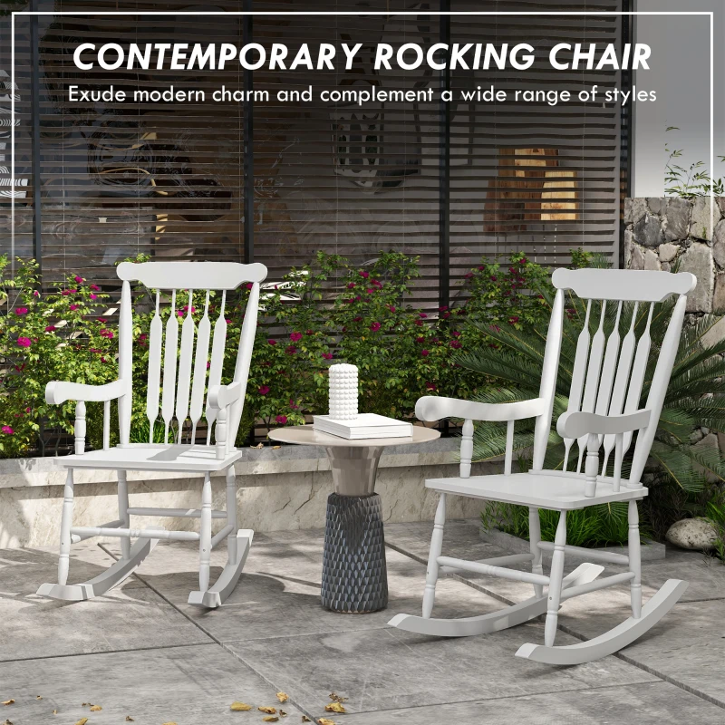 Outsunny Porch Rocker Chairs Set of 2, 350 lbs. Wooden Outdoor Rocking Chairs with High Back for Garden, Patio, Balcony, White