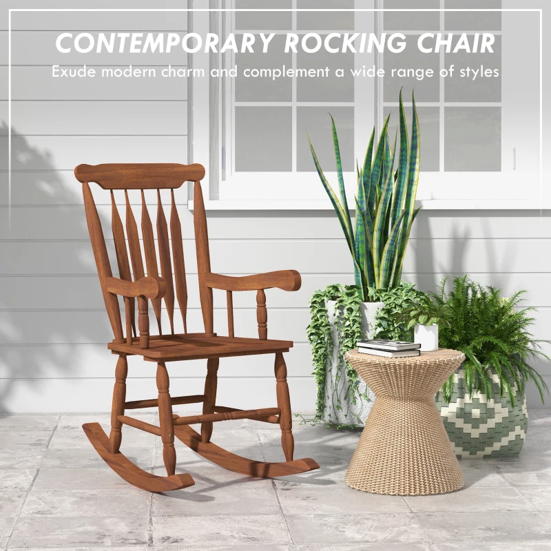 Outsunny Porch Rocker Chair, 350 lbs. Wooden Outdoor Rocking Chair with High Back for Garden, Patio, Balcony, Teak