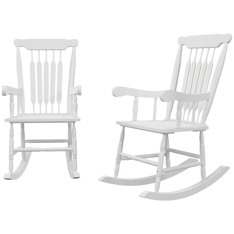 Outsunny Porch Rocker Chairs Set of 2, 350 lbs. Wooden Outdoor Rocking Chairs with High Back for Garden, Patio, Balcony, White
