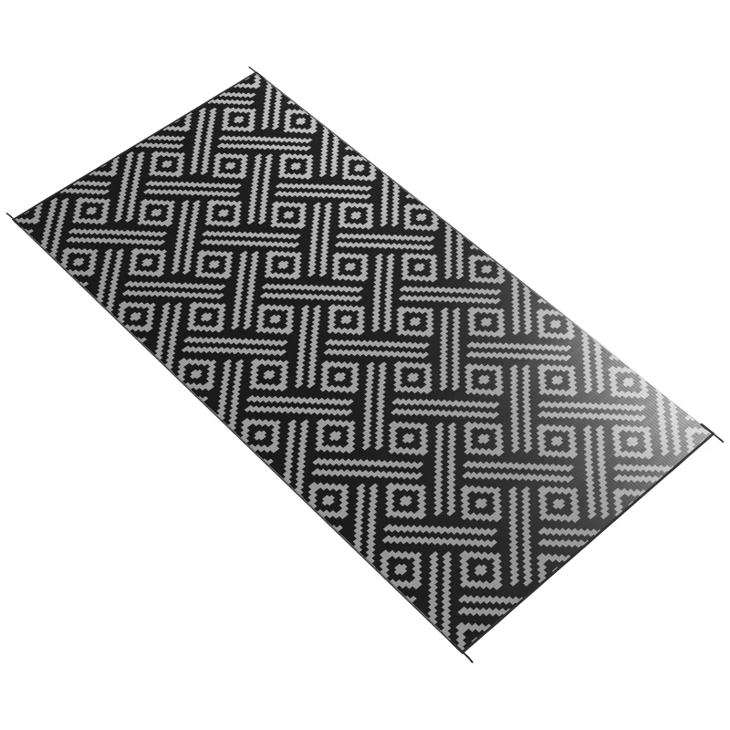 Outsunny Reversible Outdoor Rug Waterproof Plastic Straw RV Rug with Carry Bag, 9' x 18', Black and Grey Geometric