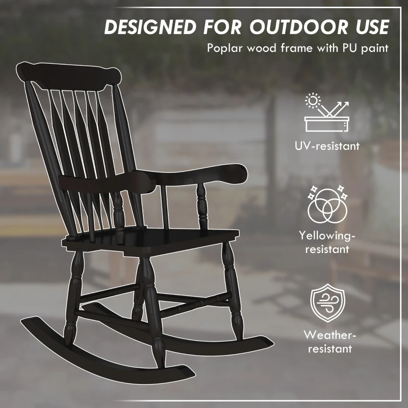 Outsunny Porch Rocker Chair, 350 lbs. Wooden Outdoor Rocking Chair with High Back for Garden, Patio, Balcony, Black