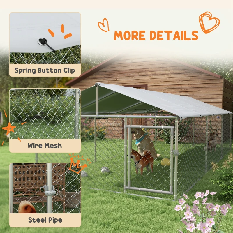 PawHut 19.7' x 7.5' x 4.9' Outdoor Dog Kennel for Large-Sized Dogs with Waterproof UV Resistant Roof, Silver(m-7)