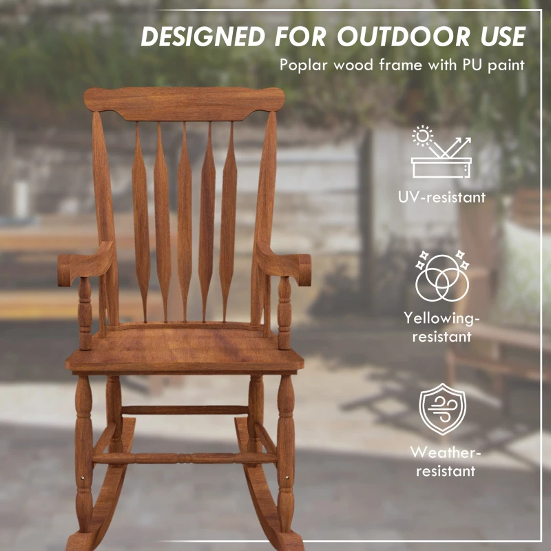 Outsunny Porch Rocker Chair, 350 lbs. Wooden Outdoor Rocking Chair with High Back for Garden, Patio, Balcony, Teak