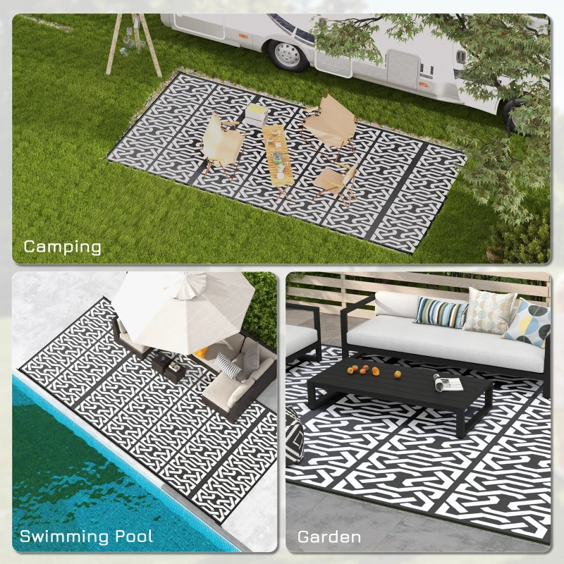 Outsunny Reversible Outdoor Rug Waterproof Plastic Straw RV Rug with Carry Bag, 9' x 18', Black and White Chain