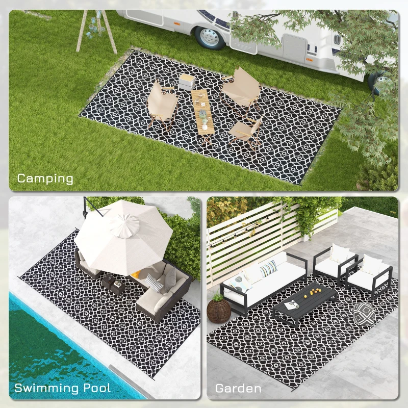 Outsunny Reversible Outdoor Rug, Waterproof Plastic Straw RV Rug with Carry Bag, 9' x 18', Black and White Clover