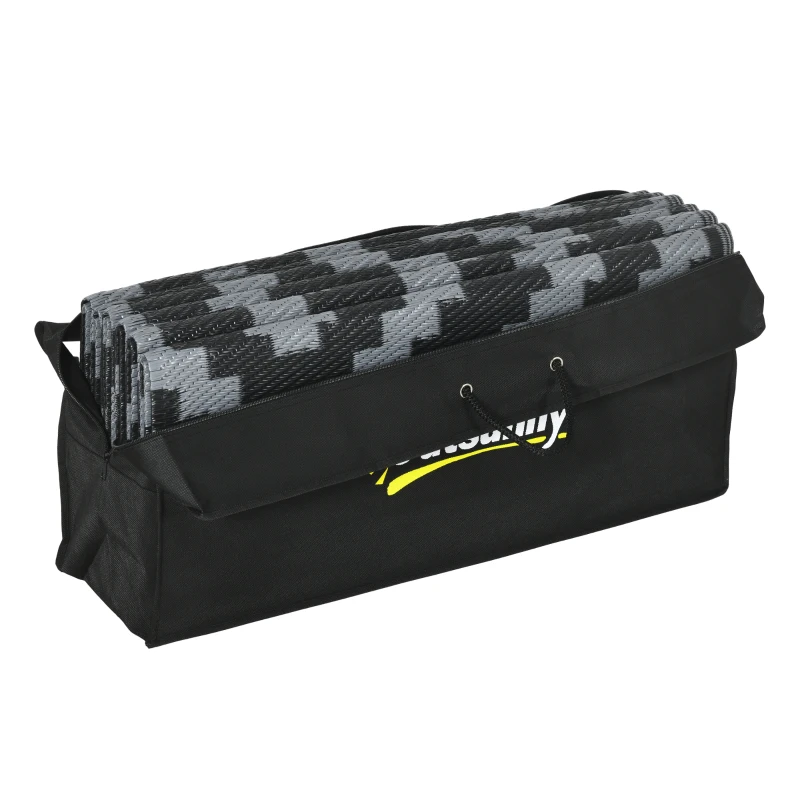 Outsunny Reversible Outdoor Rug Waterproof Plastic Straw RV Rug with Carry Bag, 9' x 18', Black and Grey Geometric