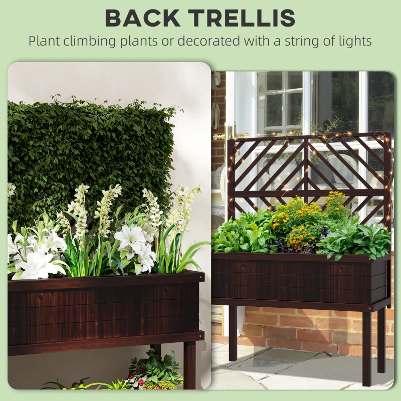 Outsunny Elevated Wood Planter with Trellis for Climbing Plants, Raised Garden Bed with Legs and Drainage Holes, Carbonized