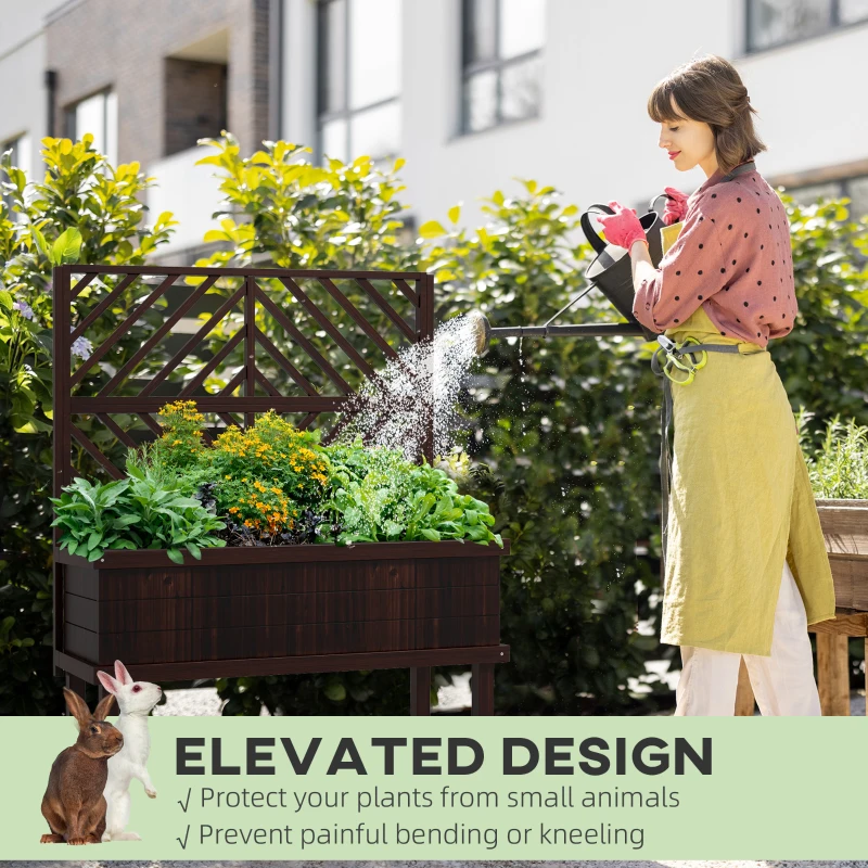 Outsunny Elevated Wood Planter with Trellis for Climbing Plants, Raised Garden Bed with Legs and Drainage Holes, Carbonized