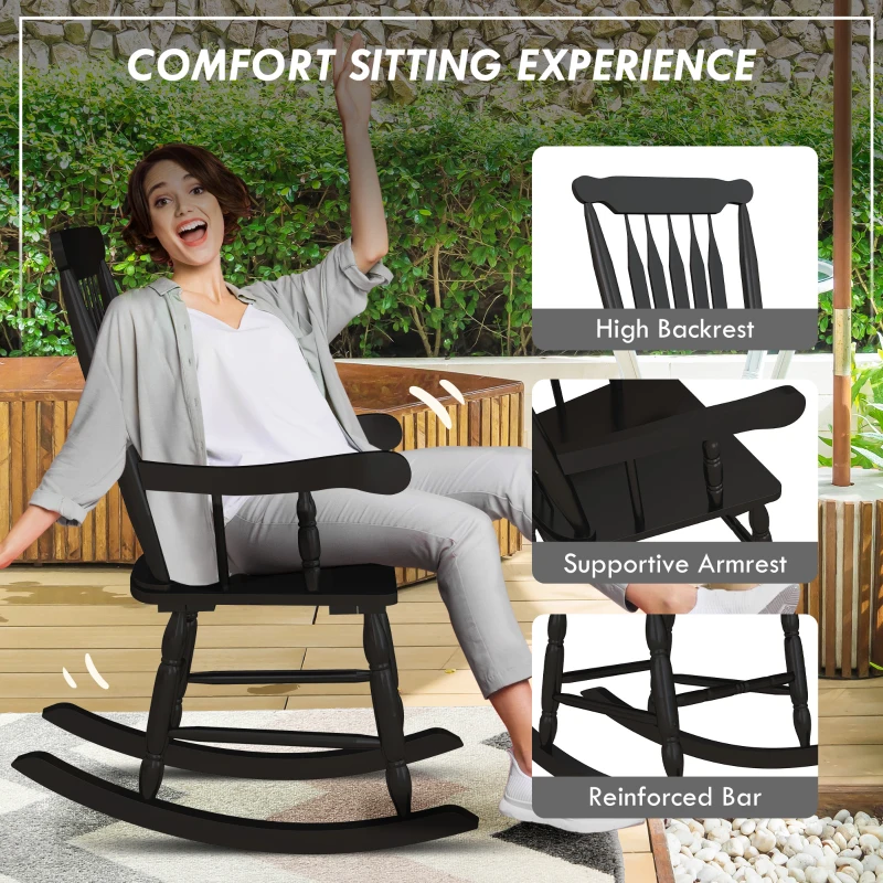 Outsunny Porch Rocker Chair, Outdoor Wooden Rocking Chair with High Back for Garden, Patio, Balcony, Black