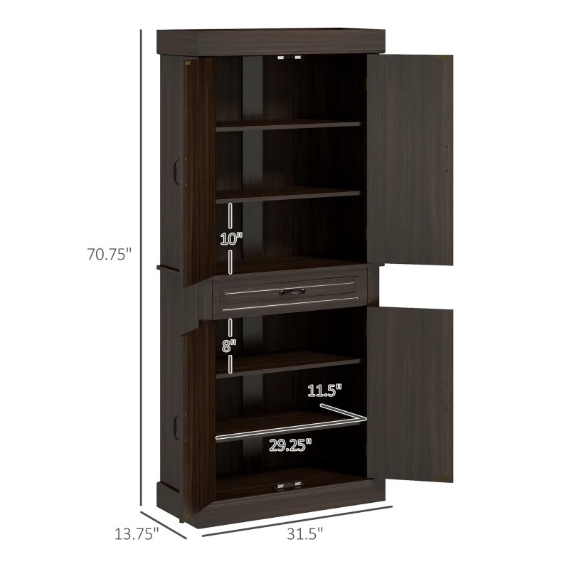 HOMCOM 71" Freestanding Kitchen Pantry with 4 Doors and 2 Large Cabinets, Tall Storage Cabinet with Drawer, Coffee
