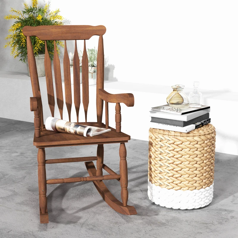 Outsunny Porch Rocker Chair, 350 lbs. Wooden Outdoor Rocking Chair with High Back for Garden, Patio, Balcony, Teak