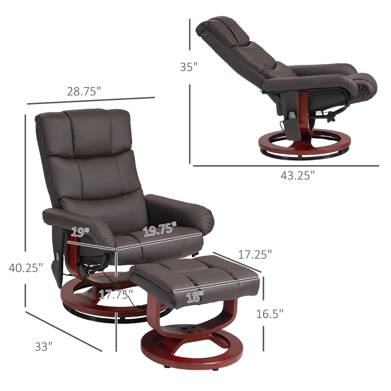 HOMCOM Swivel Recliner with Ottoman Massage, Recliner Chair and Ottoman, Faux Leather Reclining Chair with Remote, Brown