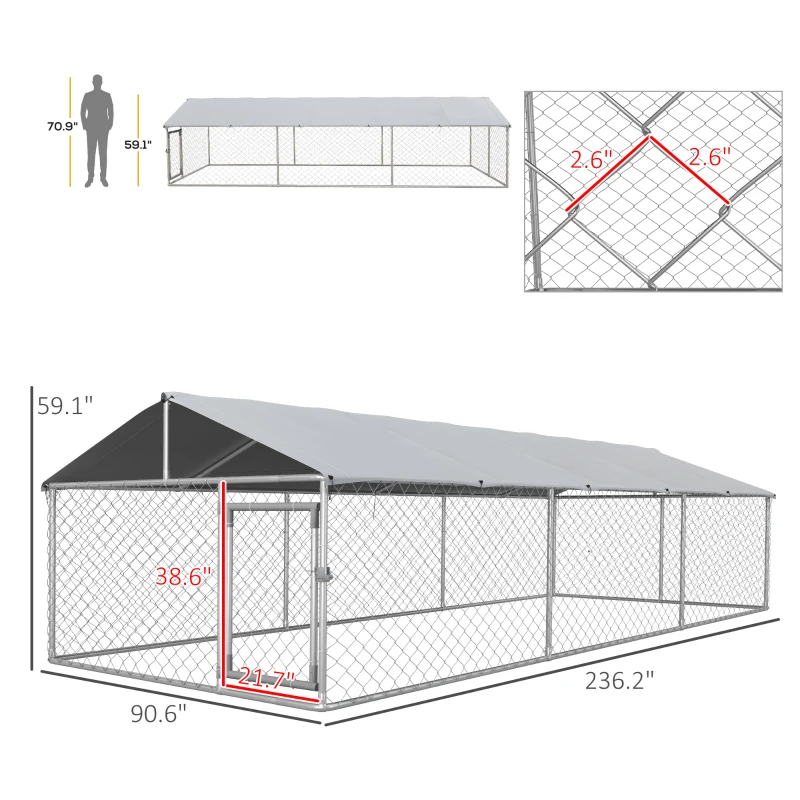PawHut 19.7' x 7.5' x 4.9' Outdoor Dog Kennel for Large-Sized Dogs with Waterproof UV Resistant Roof, Silver(m-3)