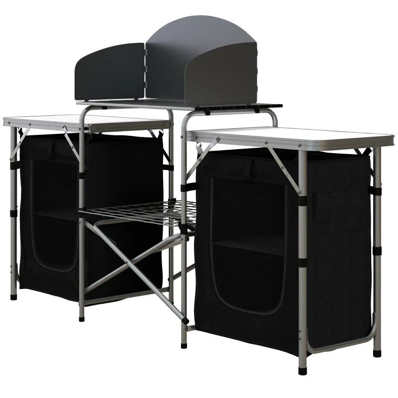 Outsunny Aluminum Camping Table, Folding Camping Kitchen with Windshield, Cupboards and Carrying Bag, for BBQ Camp Party Picnic