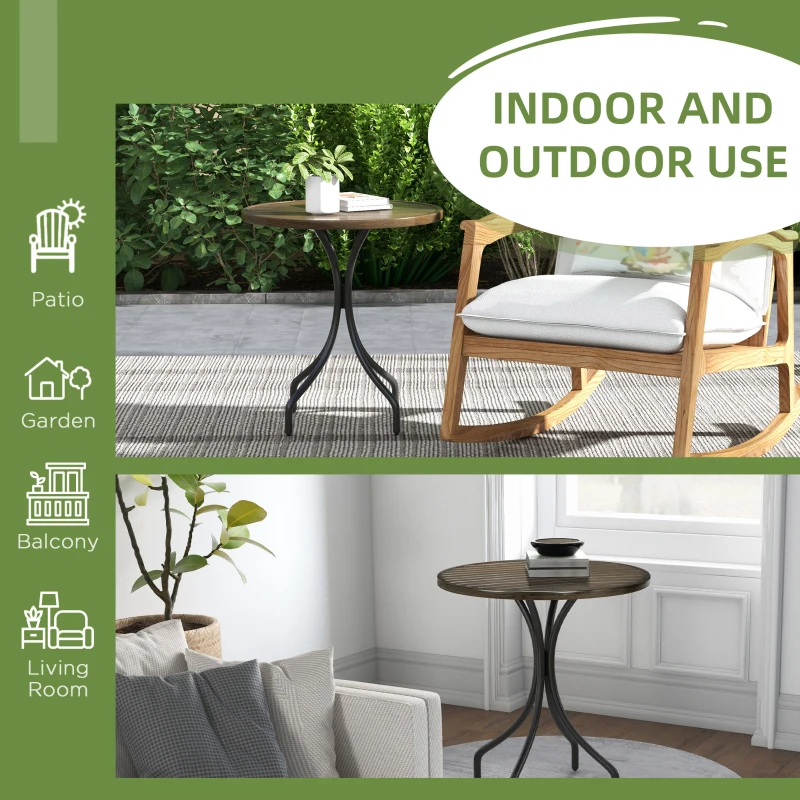 Outsunny 26" Round Patio Table, Outdoor Side Table with Steel Frame and Slat Tabletop for Garden, Backyard, Distressed Brown