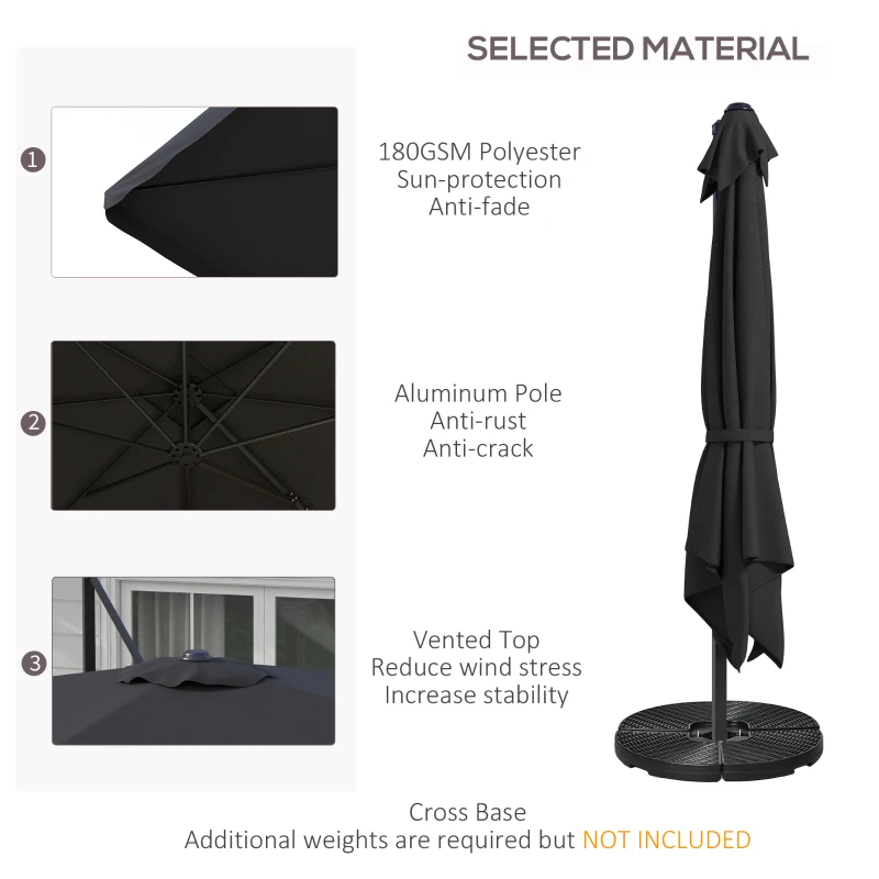 Outsunny 10' Cantilever Patio Umbrella, Square Offset Umbrella with Tilt, Crank, Cross Base, Aluminum Pole and Air Vent, Gray