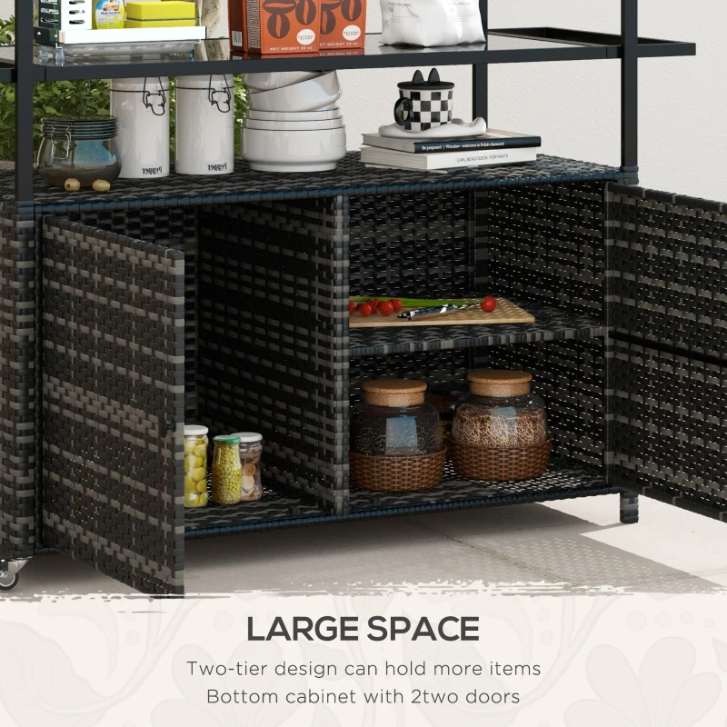 Outsunny 2-Tier Shelf PE Rattan Outdoor Bar Table, Glass Top Patio Serving Cart with Cabinet, Mixed Gray