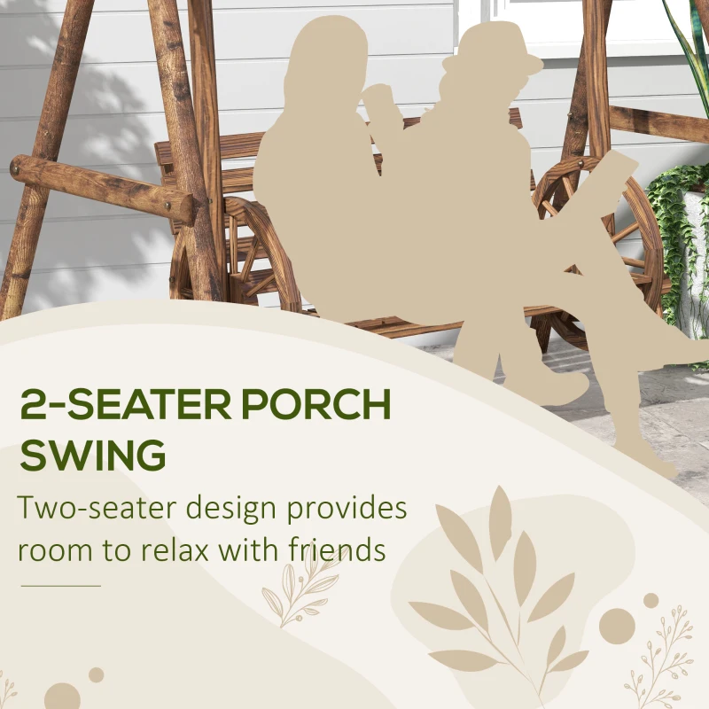 Outsunny 2-Seat Porch Swing with A-Frame Stand, Wooden Log Patio Swing Chair Bench with Wagon Wheel Armrests, Carbonized Brown