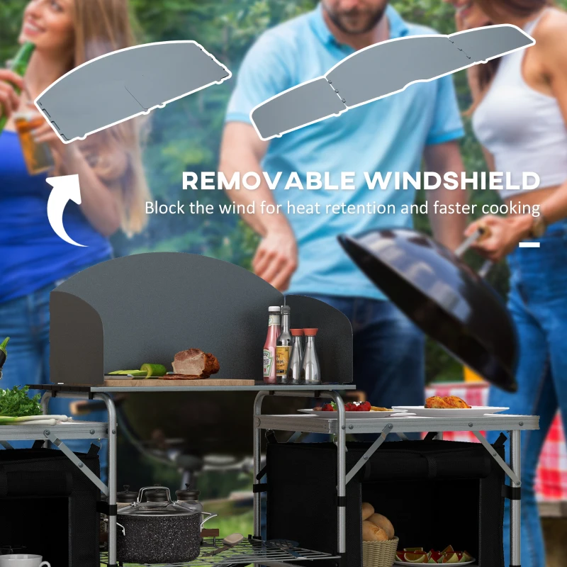 Outsunny Aluminum Camping Table, Folding Camping Kitchen with Windshield, Cupboards and Carrying Bag, for BBQ Camp Party Picnic