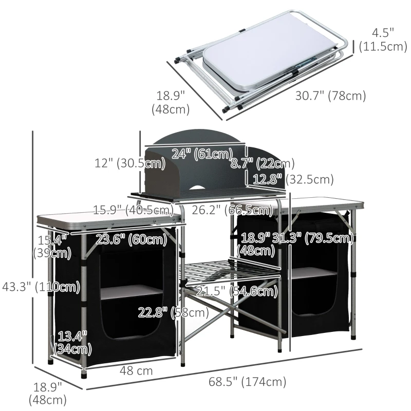 Outsunny Aluminum Camping Table, Folding Camping Kitchen with Windshield, Cupboards and Carrying Bag, for BBQ Camp Party Picnic