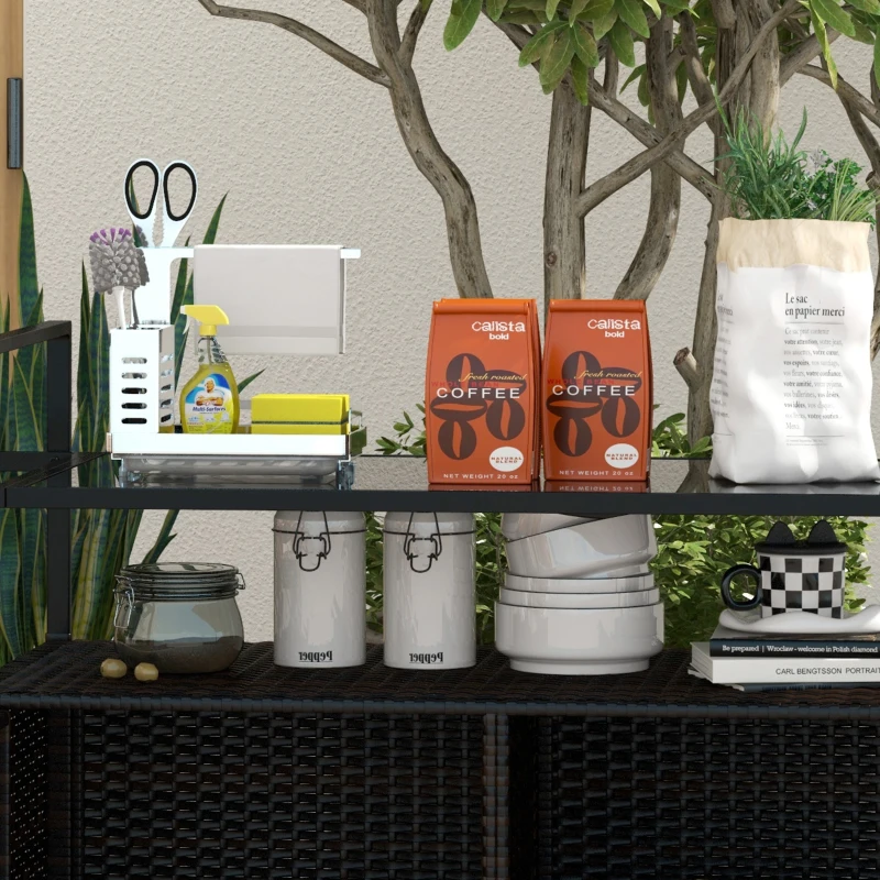 Outsunny 2-Tier Shelf PE Rattan Outdoor Bar Table, Glass Top Patio Serving Cart with Cabinet, Mixed Brown