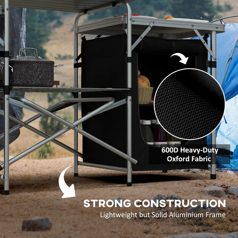 Outsunny Aluminum Camping Table, Folding Camping Kitchen with Windshield, Cupboards and Carrying Bag, for BBQ Camp Party Picnic