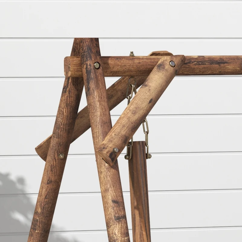 Outsunny 2-Seat Porch Swing with A-Frame Stand, Wooden Log Patio Swing Chair Bench with Wagon Wheel Armrests, Carbonized Brown